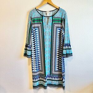 CHICO'S Knee Length Shift Dress Medallion 3/4 Bell Sleeves Travel Blue 3 US XL